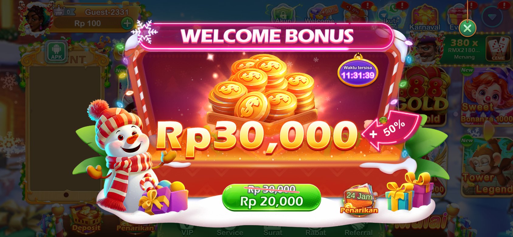 Bonus WELCOME Rp30,000 dengan tambahan +50% untuk pengguna baru di tt777.